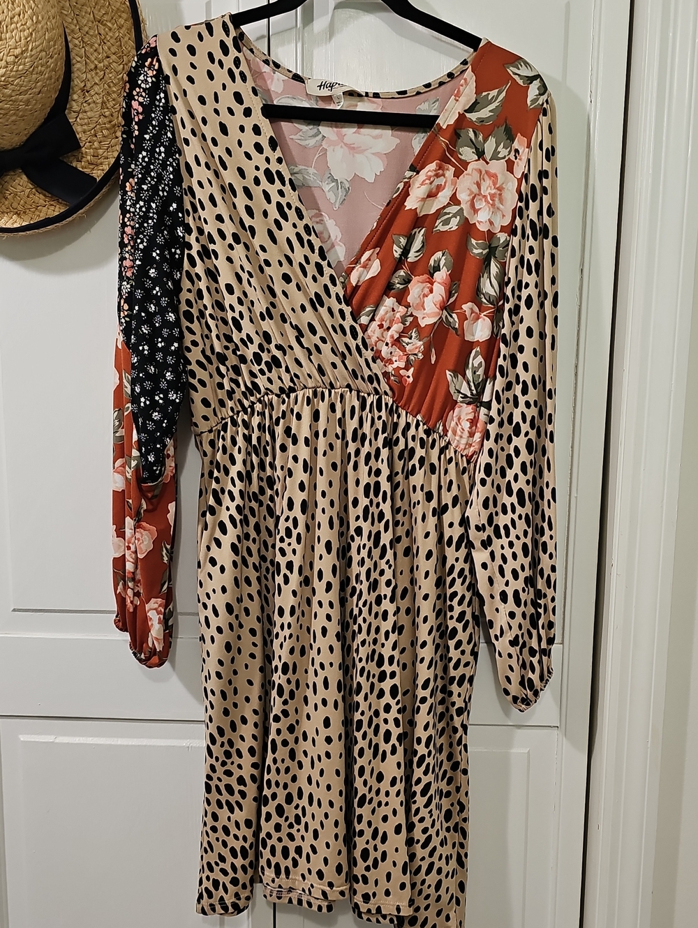 Mixed-Print V-Neck Midi Dress in Beige and Rust Floral. So Soft And Flowy!
